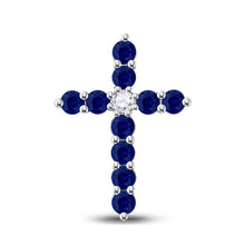 Load image into Gallery viewer, Radiant Blue Sapphire Cross Pendant | 10kt White Gold Womens Gemstone Cross Pendant 7/8 Cttw Top view from the 10Kt White Gold Womens Round Lab Created Blue Sapphire Cross Pendant 7 8 Cttwpin249927 collection by Splendid Jewellery