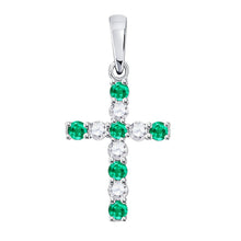 Load image into Gallery viewer, Ethereal Emerald Cross Pendant | 10kt White Gold Womens Round Lab-Created Emerald Cross Pendant 1/3 Cttw Top view from the 10Kt White Gold Womens Round Lab Created Emerald Cross Pendant 1 3 Cttwpin249920 collection by Splendid Jewellery