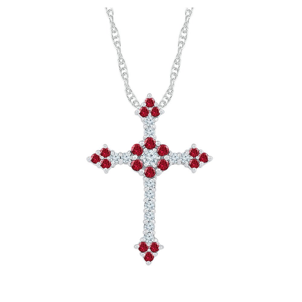 Gemstone Cross Pendant | 10kt White Gold Womens Round Lab-Created Ruby Cross Pendant 1 Cttw | Splendid Jewellery GND