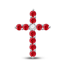 Load image into Gallery viewer, Radiant Ruby Cross Pendant | 10kt White Gold Womens Round Lab-Created Ruby Cross Pendant 7/8 Cttw | Splendid Jewellery Top view from the 10Kt White Gold Womens Round Lab Created Ruby Cross Pendant 7 8 Cttwpin249924 collection by Splendid Jewellery