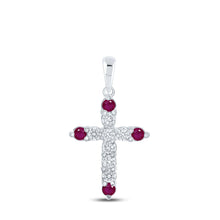 Load image into Gallery viewer, Radiant Ruby and Diamond Cross Pendant Top view from the 10Kt White Gold Womens Round Ruby Diamond Cross Pendant 1 1 5 Cttwpin218786 collection by Splendid Jewellery