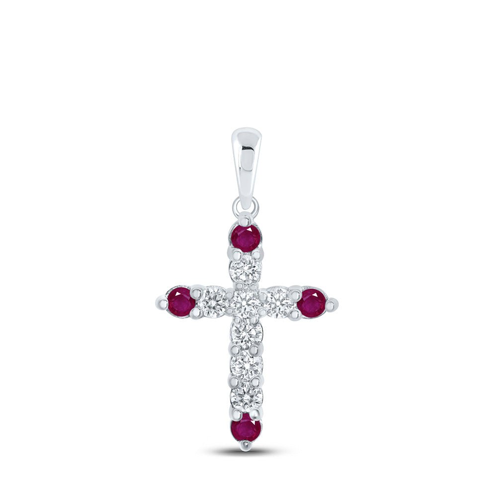 Gemstone Cross Pendant | 10kt White Gold Womens Round Ruby Diamond Cross Pendant 1/2 Cttw | Splendid Jewellery GND