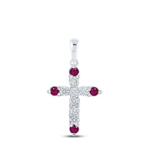 Load image into Gallery viewer, Radiant Ruby and Diamond Cross Pendant | 10kt White Gold Women&#39;s Gemstone Cross Pendant 1/4 Cttw | Splendid Jewellery Top view from the 10Kt White Gold Womens Round Ruby Diamond Cross Pendant 1 4 Cttwpin218718 collection by Splendid Jewellery
