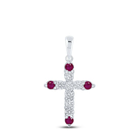 Radiant Ruby and Diamond Cross Pendant | 10kt White Gold Women's Gemstone Cross Pendant 1/4 Cttw | Splendid Jewellery Top view from the 10Kt White Gold Womens Round Ruby Diamond Cross Pendant 1 4 Cttwpin218718 collection by Splendid Jewellery