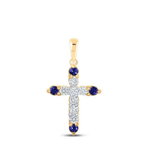 Gemstone Cross Pendant | 10kt Yellow Gold Womens Round Blue Sapphire Diamond Cross Pendant 1/2 Cttw | Splendid Jewellery GND