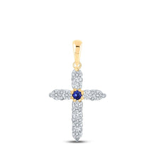 Load image into Gallery viewer, 10kt Yellow Gold Gemstone Cross Pendant with Blue Sapphire and Diamonds - A Mesmerizing Symbol of Elegance and Faith product  Top View from Splendid Jewellery