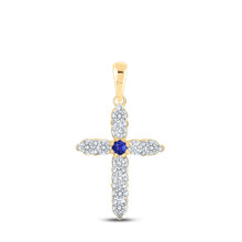 Load image into Gallery viewer, 10kt Yellow Gold Gemstone Cross Pendant with Blue Sapphire and Diamonds: A Symbol of Elegance and Faith product  Top View from Splendid Jewellery