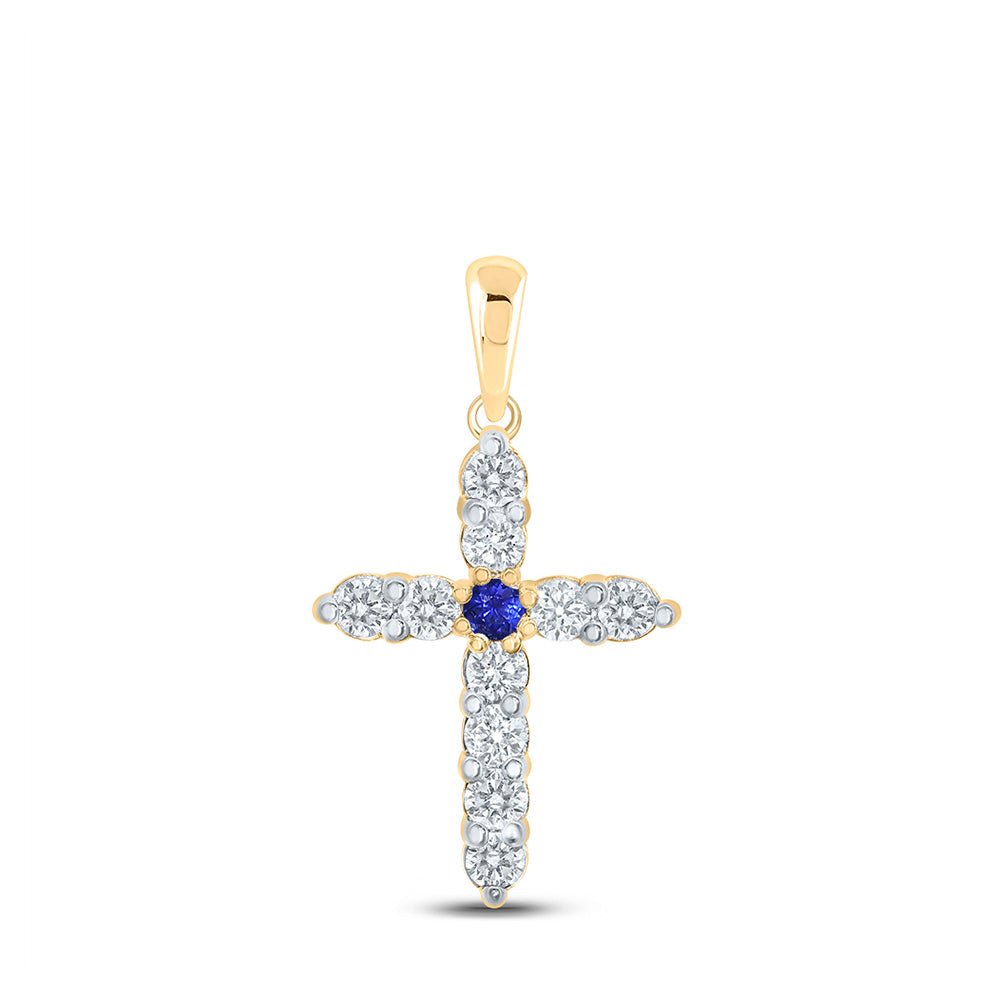 Gemstone Cross Pendant | 10kt Yellow Gold Womens Round Blue Sapphire Diamond Cross Pendant 1/5 Cttw | Splendid Jewellery GND