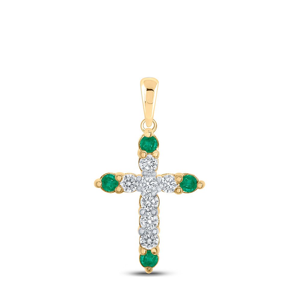 Gemstone Cross Pendant | 10kt Yellow Gold Womens Round Emerald Diamond Cross Pendant 1/5 Cttw | Splendid Jewellery GND