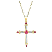 Load image into Gallery viewer, Radiant Ruby and Diamond Cross Pendant in 10kt Yellow Gold - Top View
