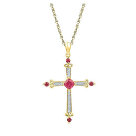 Radiant Ruby and Diamond Cross Pendant in 10kt Yellow Gold - Top View