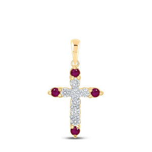Gemstone Cross Pendant | 10kt Yellow Gold Womens Round Ruby Diamond Cross Pendant 1-1/5 Cttw | Splendid Jewellery GND