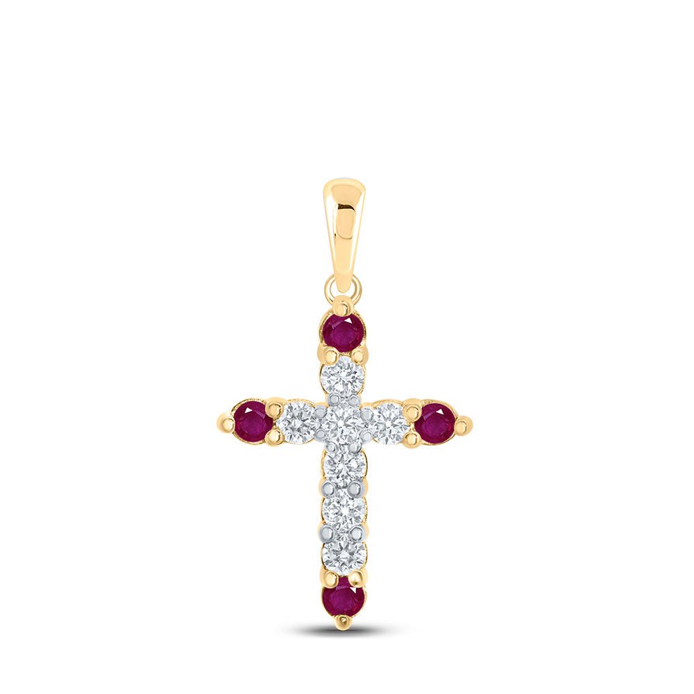 Gemstone Cross Pendant | 10kt Yellow Gold Womens Round Ruby Diamond Cross Pendant 1/4 Cttw | Splendid Jewellery GND