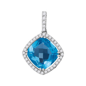 Gemstone Fashion Pendant | 14kt White Gold Womens Cushion Blue Topaz Diamond Square Solitaire Pendant 3-1/2 Cttw | Splendid Jewellery GND
