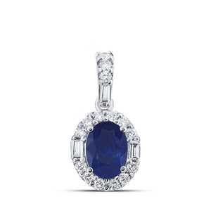 Gemstone Fashion Pendant | 14kt White Gold Womens Diamond Oval Blue Sapphire Diamond Oval Pendant 1 Cttw | Splendid Jewellery GND