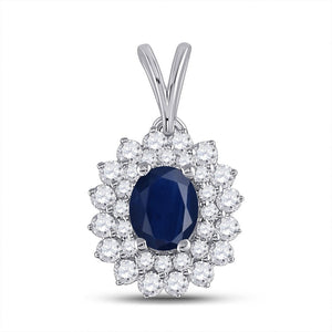 Gemstone Fashion Pendant | 14kt White Gold Womens Oval Blue Sapphire Diamond Halo Pendant 3/4 Cttw | Splendid Jewellery GND