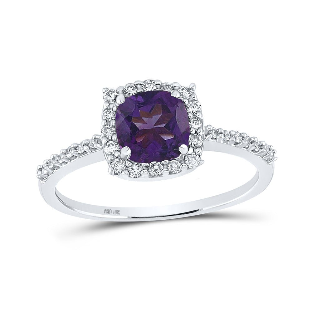 Gemstone Fashion Ring | 10kt White Gold Womens Cushion Lab-Created Amethyst Diamond Solitaire Ring 1 Cttw | Splendid Jewellery GND