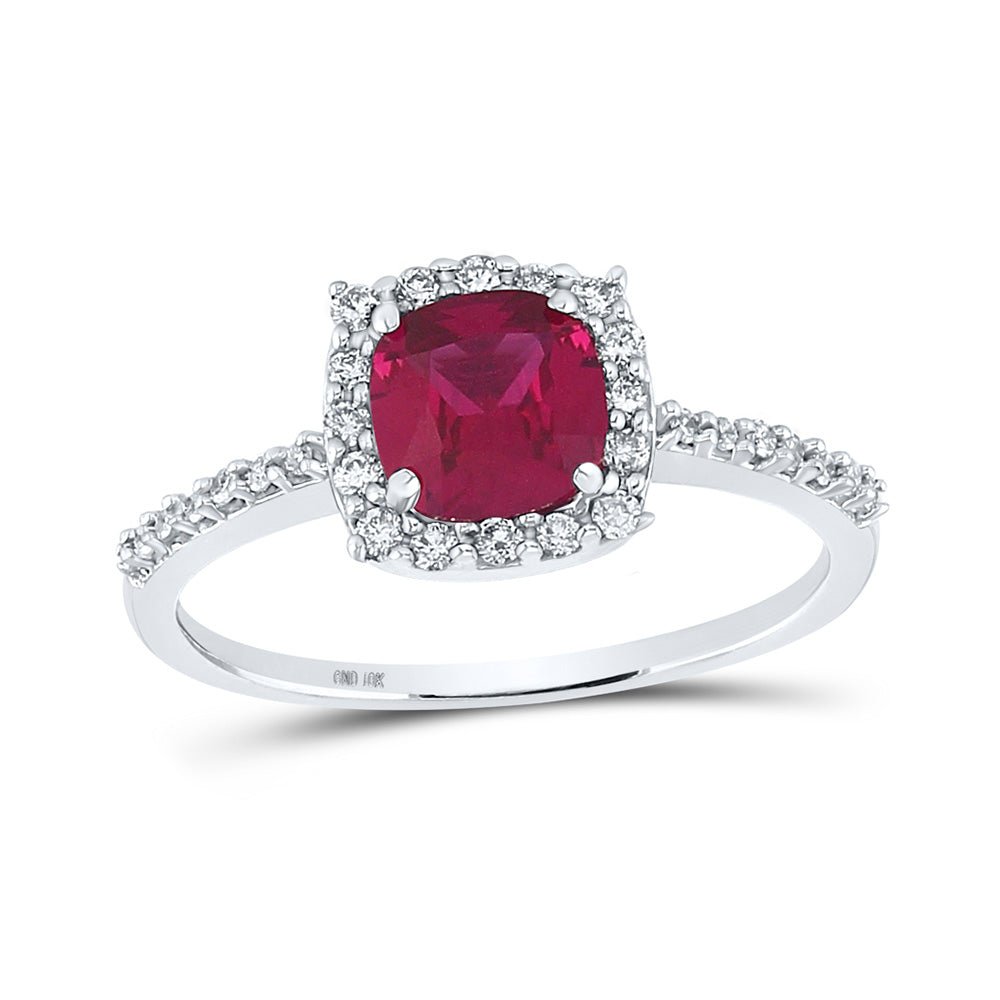 Gemstone Fashion Ring | 10kt White Gold Womens Cushion Lab-Created Ruby Diamond Solitaire Ring 1-1/2 Cttw | Splendid Jewellery GND