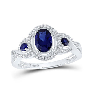 Gemstone Fashion Ring | 10kt White Gold Womens Oval Lab-Created Blue Sapphire 3-stone Ring 1-1/2 Cttw | Splendid Jewellery GND