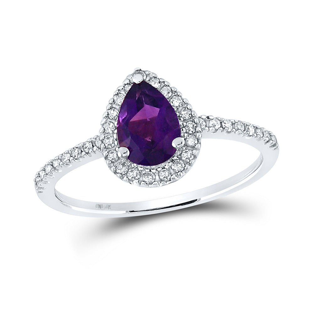 Gemstone Fashion Ring | 10kt White Gold Womens Pear Lab-Created Amethyst Solitaire Ring 3/4 Cttw | Splendid Jewellery GND