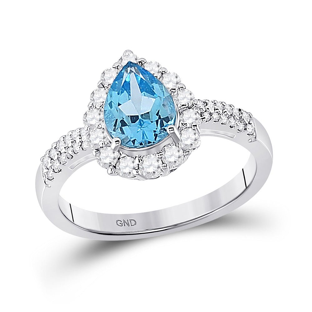 Gemstone Fashion Ring | 10kt White Gold Womens Pear Lab-Created Blue Topaz Solitaire Ring 2 Cttw | Splendid Jewellery GND