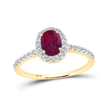 Load image into Gallery viewer, Captivating Crimson Solitaire: 10kt Yellow Gold Oval Lab-Created Ruby Fashion Ring product  Top View from Splendid Jewellery
