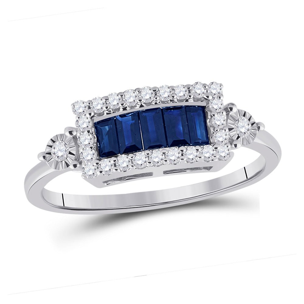 Gemstone Fashion Ring | 14kt White Gold Womens Baguette Blue Sapphire Diamond Fashion Ring 3/4 Cttw | Splendid Jewellery GND