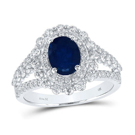 14kt White Gold Oval Blue Sapphire Solitaire Diamond Fashion Ring - Top View