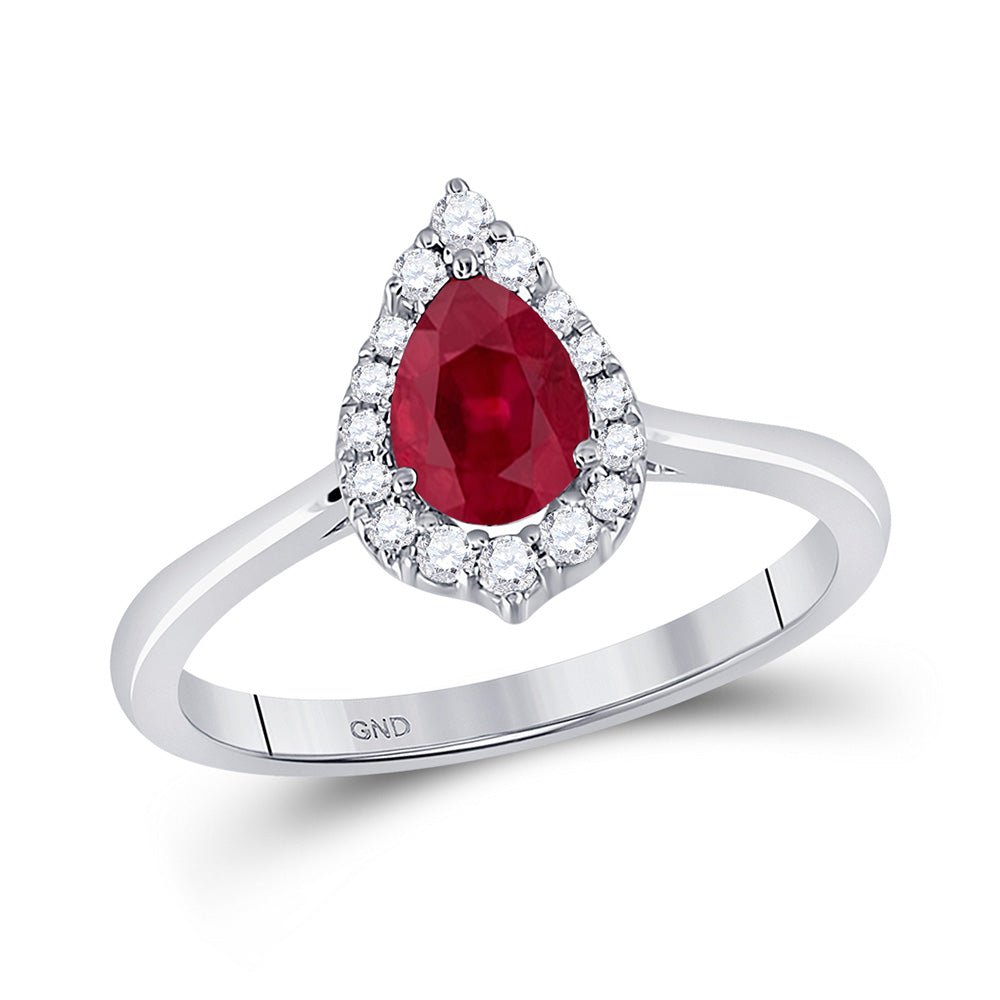 Gemstone Fashion Ring | 14kt White Gold Womens Pear Ruby Diamond Halo Fashion Ring 3/4 Cttw | Splendid Jewellery GND