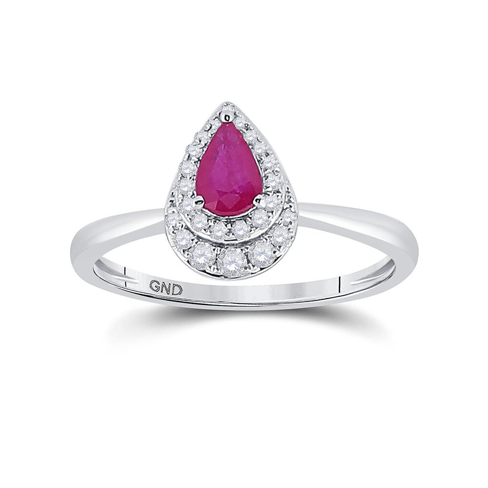 Gemstone Fashion Ring | 14kt White Gold Womens Pear Ruby Diamond Teardrop Halo Solitaire Ring 3/4 Cttw | Splendid Jewellery GND