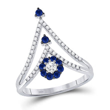Load image into Gallery viewer, 14kt White Gold Chevron Band Ring with Blue Sapphire and Diamonds: A Captivating Gemstone Fashion Statement - Top View
