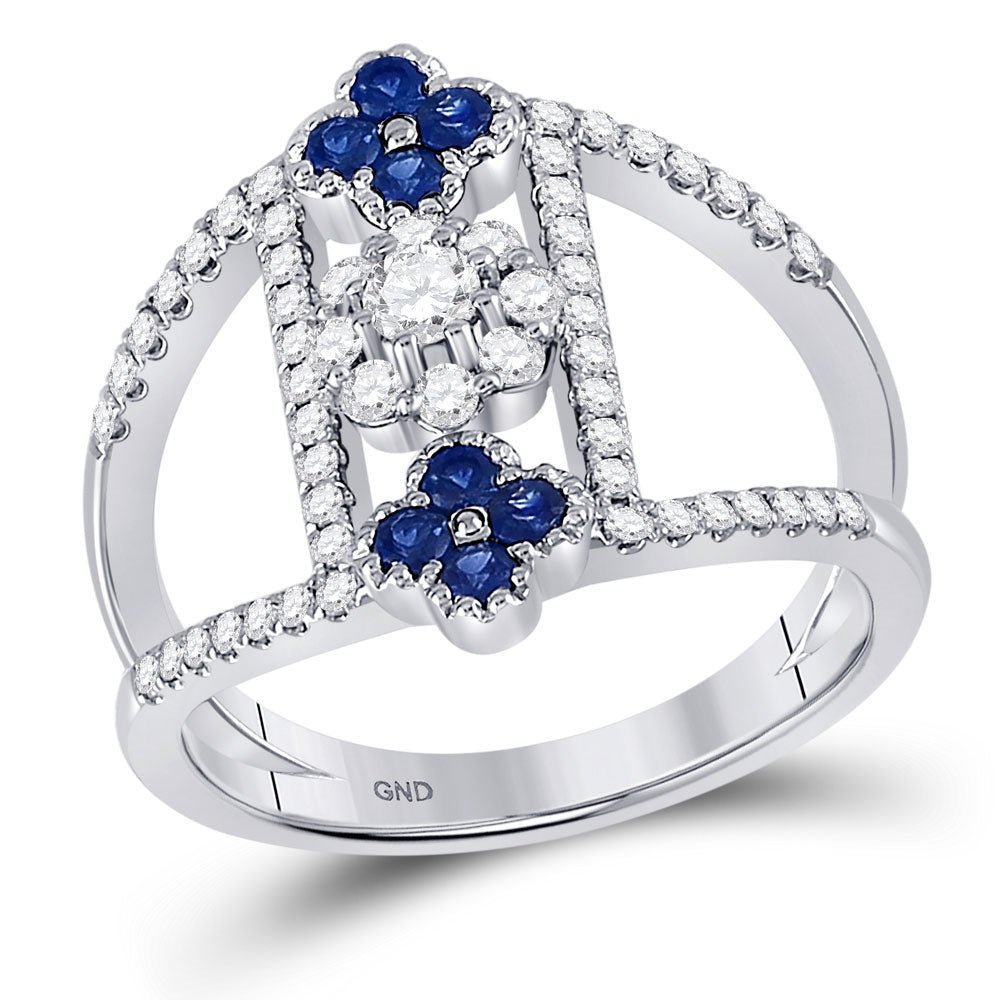 Gemstone Fashion Ring | 14kt White Gold Womens Round Blue Sapphire Diamond Fashion Ring 7/8 Cttw | Splendid Jewellery GND