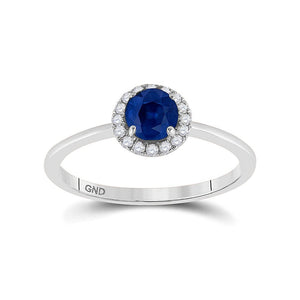 Gemstone Fashion Ring | 14kt White Gold Womens Round Blue Sapphire Diamond Halo Ring 7/8 Cttw | Splendid Jewellery GND