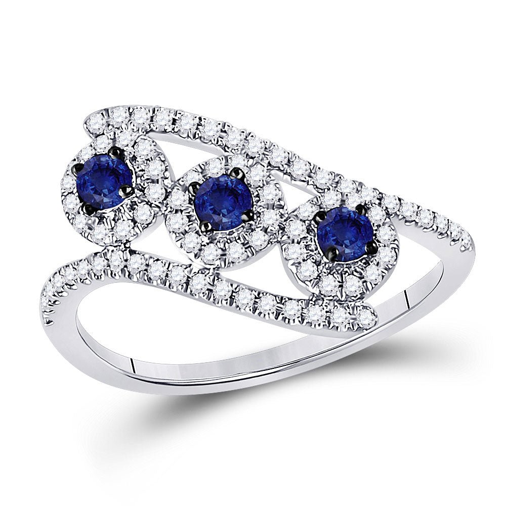 Gemstone Fashion Ring | 14kt White Gold Womens Round Blue Sapphire Fashion 3-stone Ring 5/8 Cttw | Splendid Jewellery GND