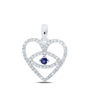 Gemstone Heart & Love Symbol Pendant | 10kt White Gold Womens Round Blue Sapphire Diamond Eye Heart Pendant 1/3 Cttw | Splendid Jewellery GND