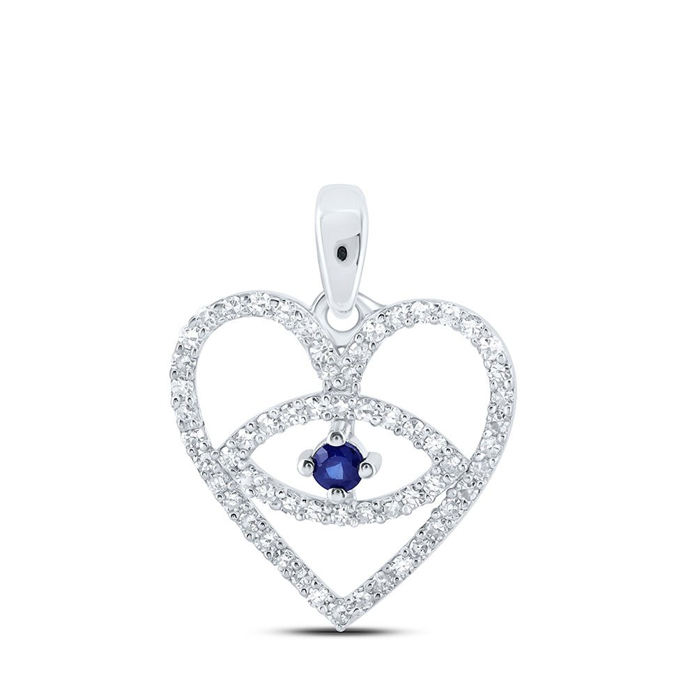 Gemstone Heart & Love Symbol Pendant | 10kt White Gold Womens Round Blue Sapphire Diamond Eye Heart Pendant 1/3 Cttw | Splendid Jewellery GND