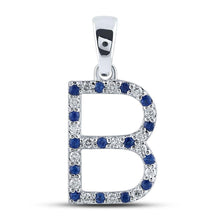 Load image into Gallery viewer, Blue Sapphire and Diamond Initial Pendant in 10kt White Gold Top view from the 10Kt White Gold Womens Round Blue Sapphire Diamond B Letter Pendant 1 4 Cttwpin289015 collection by Splendid Jewellery