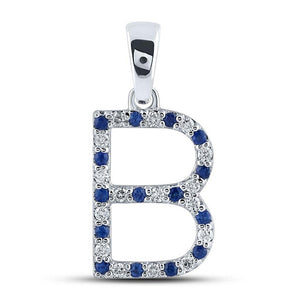 Gemstone Initial & Letter Pendant | 10kt White Gold Womens Round Blue Sapphire Diamond B Letter Pendant 1/4 Cttw | Splendid Jewellery GND