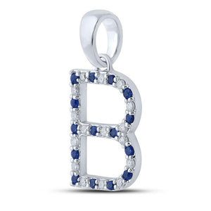 Gemstone Initial & Letter Pendant | 10kt White Gold Womens Round Blue Sapphire Diamond B Letter Pendant 1/4 Cttw | Splendid Jewellery GND