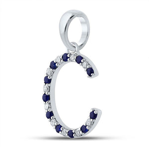 Gemstone Initial & Letter Pendant | 10kt White Gold Womens Round Blue Sapphire Diamond C Letter Pendant 1/5 Cttw | Splendid Jewellery GND