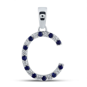 Gemstone Initial & Letter Pendant | 10kt White Gold Womens Round Blue Sapphire Diamond C Letter Pendant 1/5 Cttw | Splendid Jewellery GND