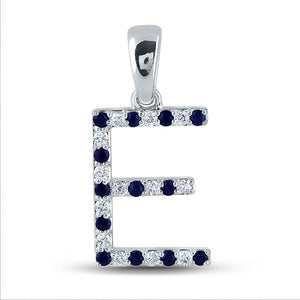 Gemstone Initial & Letter Pendant | 10kt White Gold Womens Round Blue Sapphire Diamond E Letter Pendant 1/5 Cttw | Splendid Jewellery GND