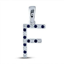 Load image into Gallery viewer, Captivating Blue Sapphire &amp; Diamond Initial Pendant in 10kt White Gold Top view from the 10Kt White Gold Womens Round Blue Sapphire Diamond F Letter Pendant 1 5 Cttwpin289036 collection by Splendid Jewellery