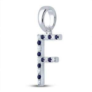 Gemstone Initial & Letter Pendant | 10kt White Gold Womens Round Blue Sapphire Diamond F Letter Pendant 1/5 Cttw | Splendid Jewellery GND