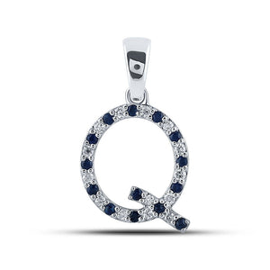 Gemstone Initial & Letter Pendant | 10kt White Gold Womens Round Blue Sapphire Diamond Q Letter Pendant 1/4 Cttw | Splendid Jewellery GND