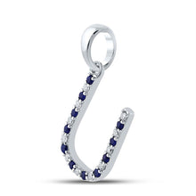 Load image into Gallery viewer, Captivating Blue Sapphire &amp; Diamond U Letter Pendant in 10kt White Gold Side view from the 10Kt White Gold Womens Round Blue Sapphire Diamond U Letter Pendant 1 5 Cttwpin289251 collection by Splendid Jewellery