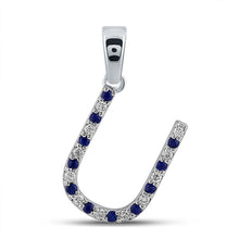 Load image into Gallery viewer, Captivating Blue Sapphire &amp; Diamond U Letter Pendant in 10kt White Gold Top view from the 10Kt White Gold Womens Round Blue Sapphire Diamond U Letter Pendant 1 5 Cttwpin289251 collection by Splendid Jewellery