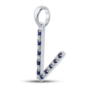 Gemstone Initial & Letter Pendant | 10kt White Gold Womens Round Blue Sapphire Diamond V Letter Pendant 1/6 Cttw | Splendid Jewellery GND