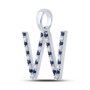 Gemstone Initial & Letter Pendant | 10kt White Gold Womens Round Blue Sapphire Diamond W Letter Pendant 1/4 Cttw | Splendid Jewellery GND