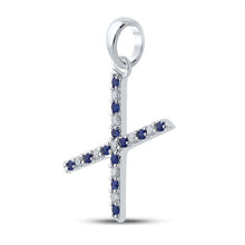 Load image into Gallery viewer, Enchanting Blue Sapphire and Diamond X Letter Pendant in 10kt White Gold Side view from the 10Kt White Gold Womens Round Blue Sapphire Diamond X Letter Pendant 1 6 Cttwpin289246 collection by Splendid Jewellery